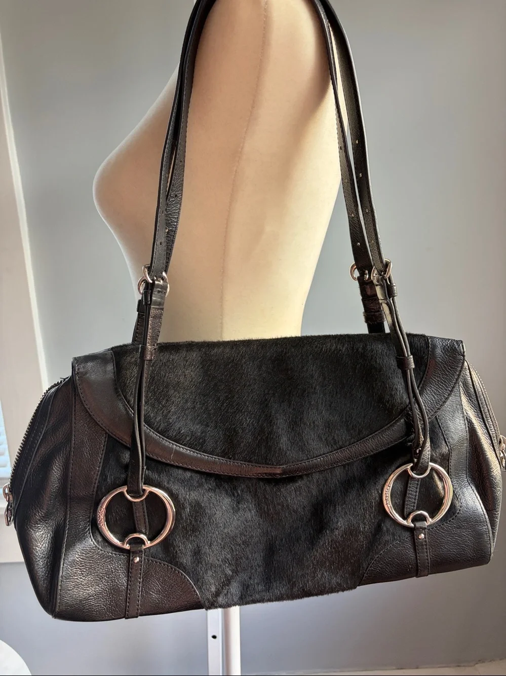 DKNY Y2K Black Leather & Haircalf Shoulder Bag